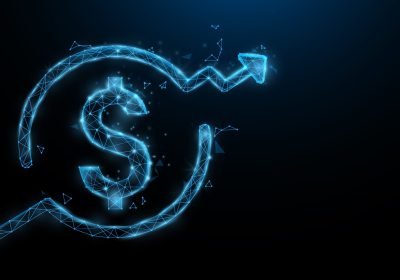 Dollar money sign growing up form lines, triangles and particle style design. Illustration vector