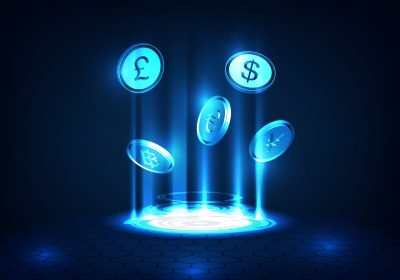 Money International currency transfer sci-fi. Financial or economy concept. Illustration EPS10 Vector. Use for banner, website, template, leaflet, brochure, poster and other design.