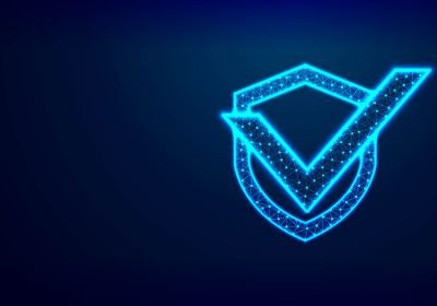 Shield with Check mark. Network security, safety, privacy concept. Abstract Low Poly Wireframe Mesh Design, Vector Illustration