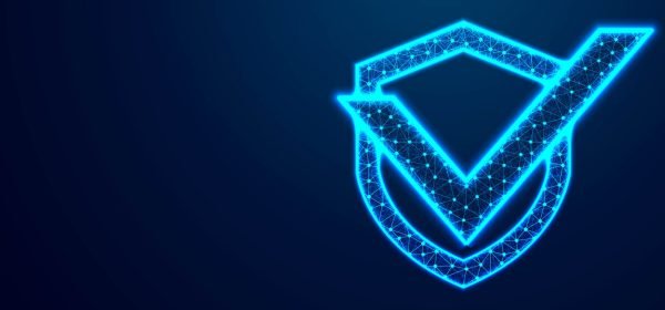 Shield with Check mark. Network security, safety, privacy concept. Abstract Low Poly Wireframe Mesh Design, Vector Illustration