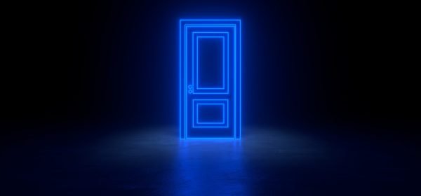 Cyberpunk blue neon door background concept. 3d rendering